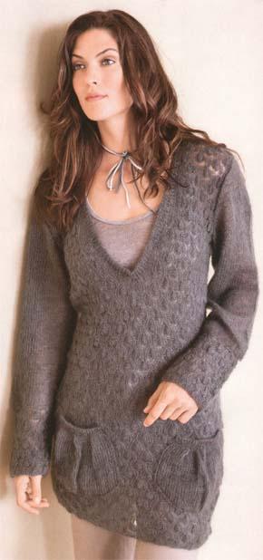 Вязание для женщин.  Длинный пуловер с карманами. Модель 111