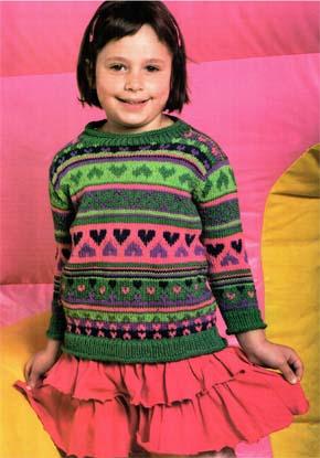 Вязание для детей.  Пуловер с жаккардовыми полосами на девочку. Модель для вязания 32.