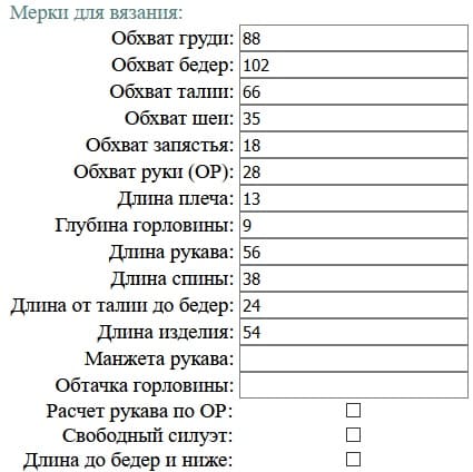 мерки для вязания приталенного джемпера с рукавом реглан