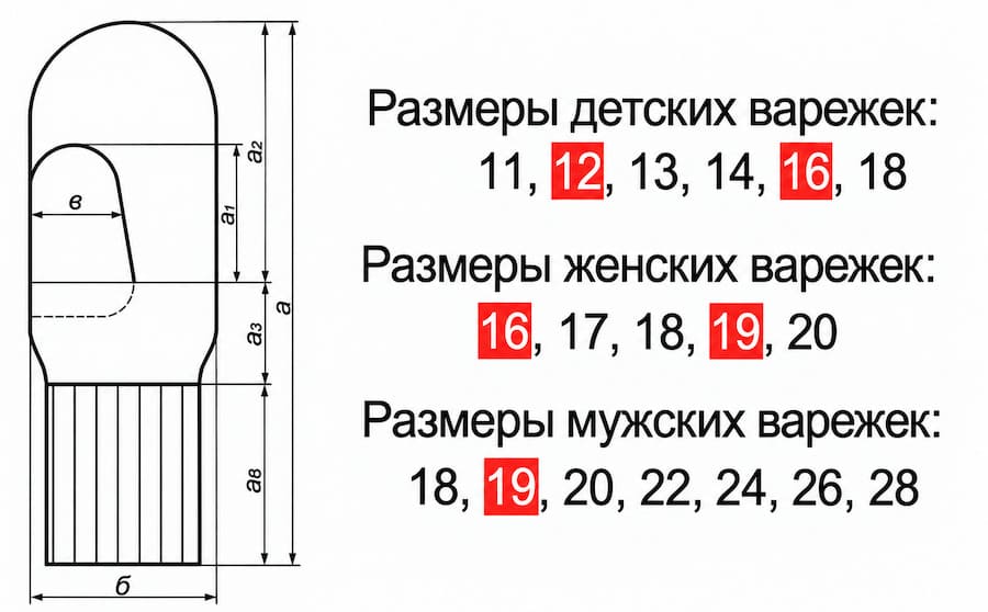 Схема измерения вязаной варежки и основные детские, женские и мужские размеры